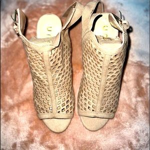 Suede block peep toe heels